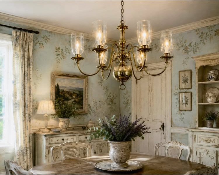 22 French Country Dining Room Ideas with Rustic Charm 2 Gold-toned chandelier with glass shades hanging over a rustic wooden dining table.