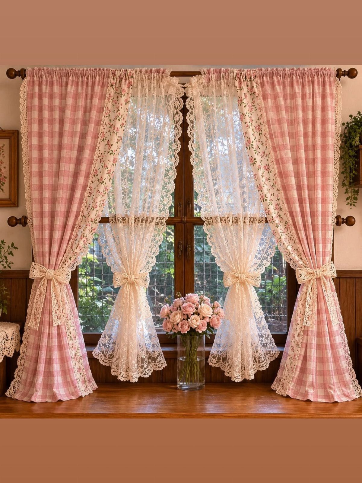 22 French Country Dining Room Ideas with Rustic Charm 12 Pink checkered and white lace curtains framing a window with pink roses.