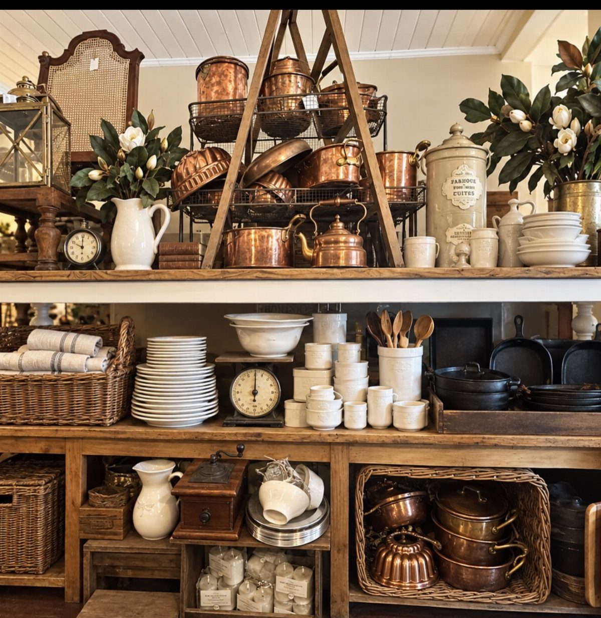 22 French Country Dining Room Ideas with Rustic Charm 18 Wooden open shelves displaying copper pots, white ceramic dishes, and vintage kitchenware.