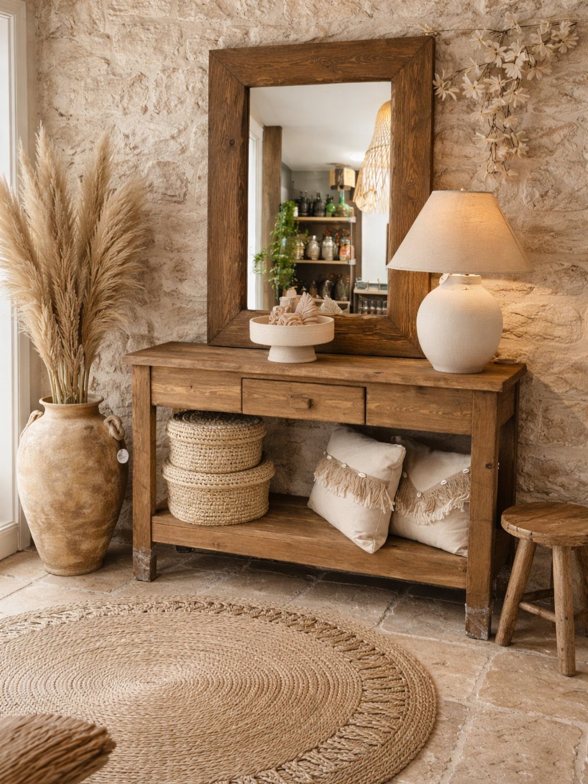 22 French Country Dining Room Ideas with Rustic Charm 13 Rustic wooden sideboard with baskets and pillows against a textured stone wall.