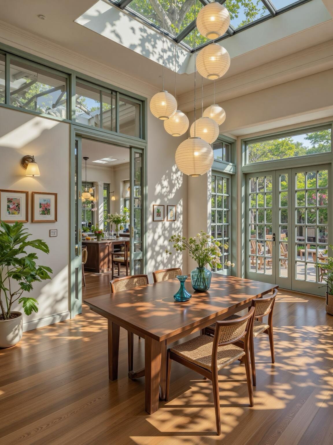 22 French Country Dining Room Ideas with Rustic Charm 1 Wooden dining table and woven chairs in a sunlit room with sage green trim.