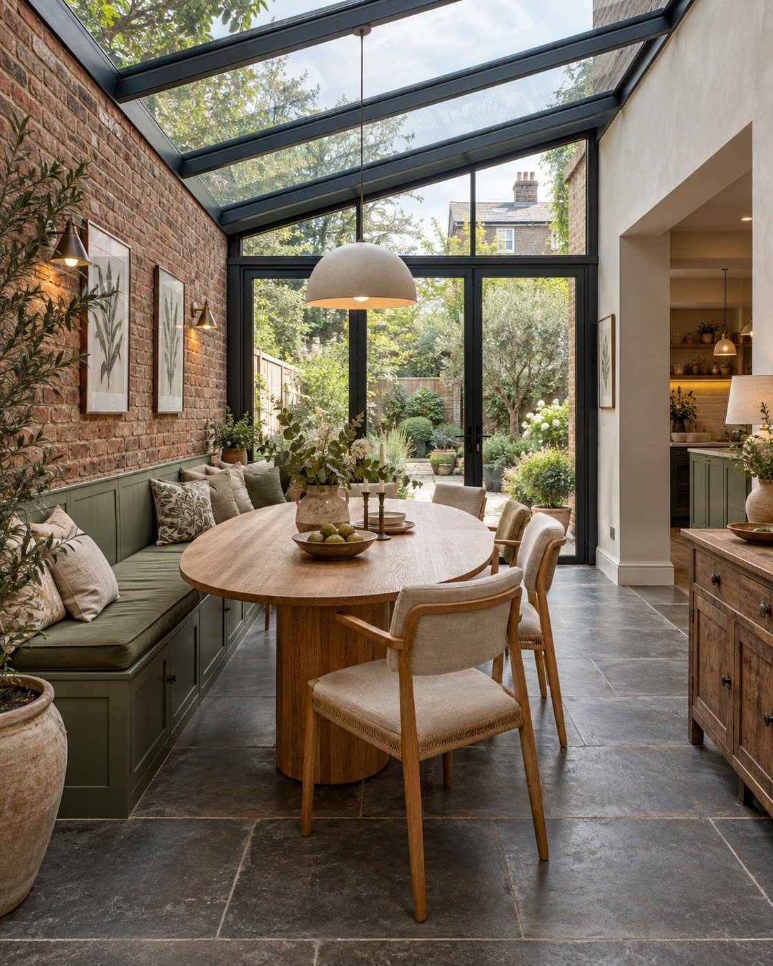 11 Green Painted Dining Room Ideas with Photos 3 Wooden dining table and chairs next to a green painted built-in banquette seating.