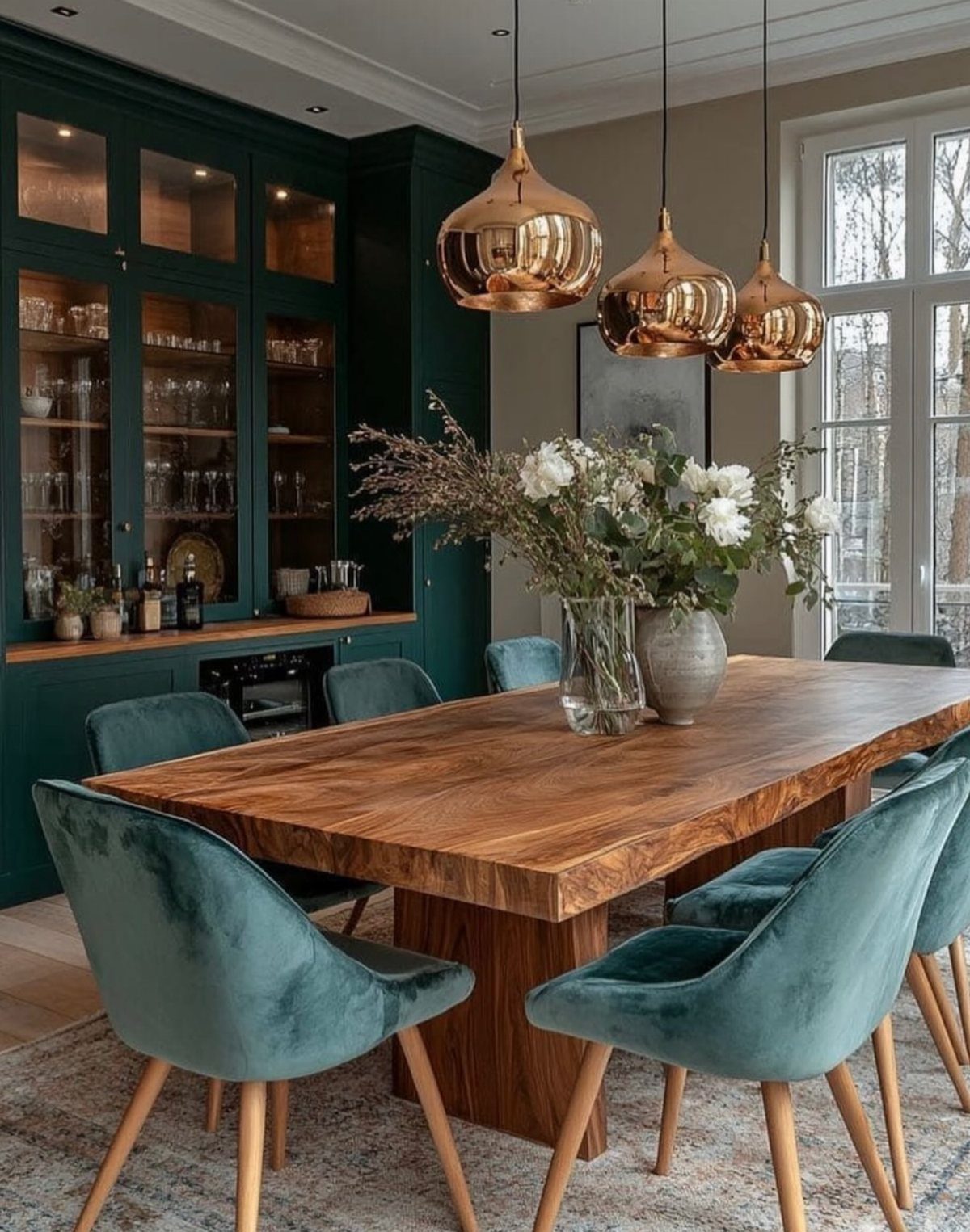 11 Green Painted Dining Room Ideas with Photos 5 Live-edge wooden dining table with teal velvet chairs and deep green cabinetry.