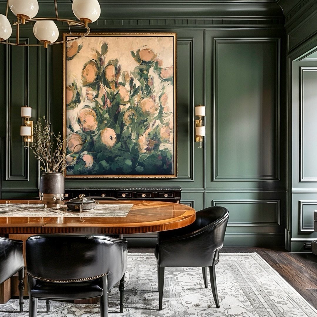 9 Green Walls for Dining Room Ideas with Photos 6 Botanical painting in a gold frame hanging on dark green paneled dining room walls.