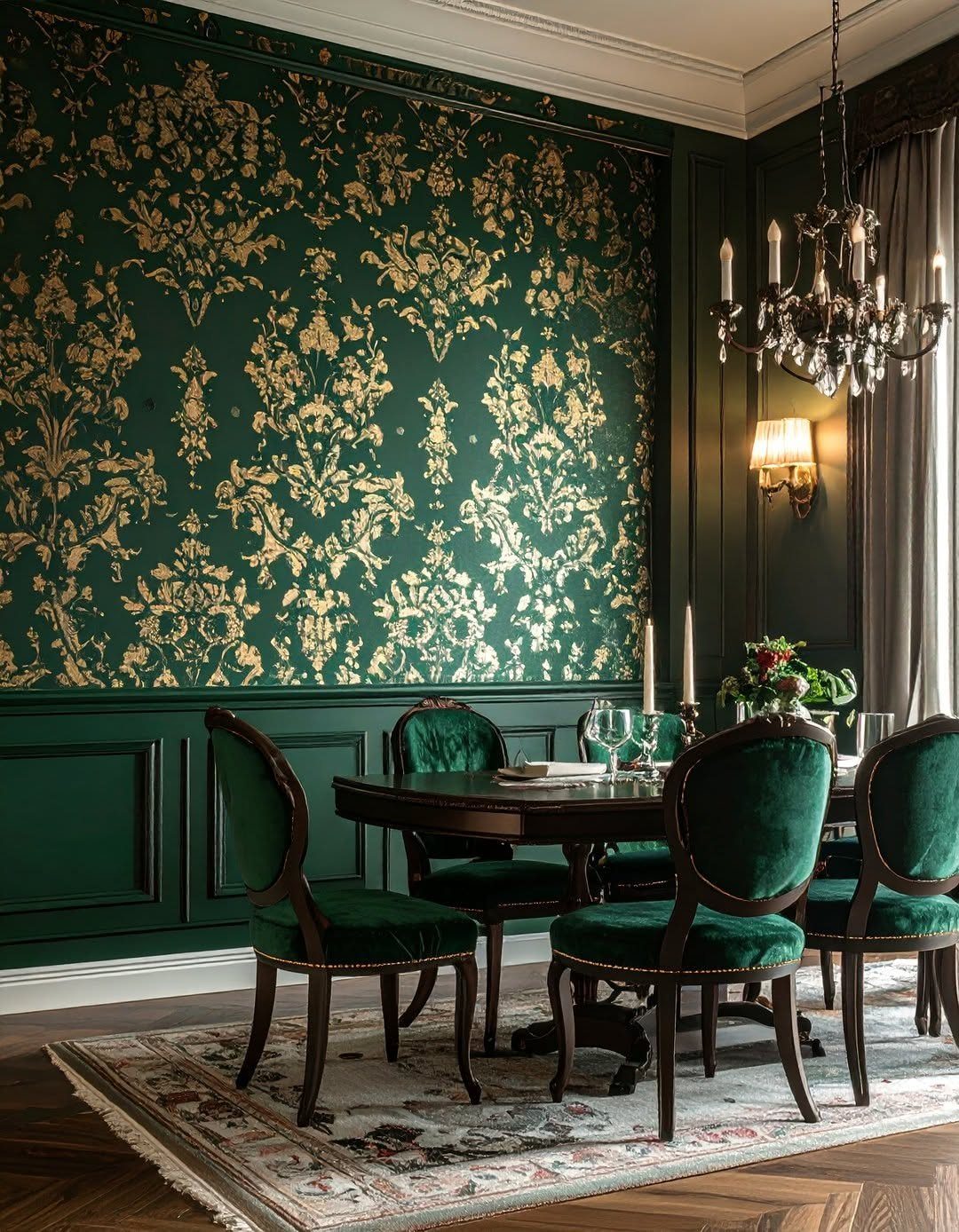 9 Green Walls for Dining Room Ideas with Photos 7 Green velvet dining chairs around a dark wood table in a green room.
