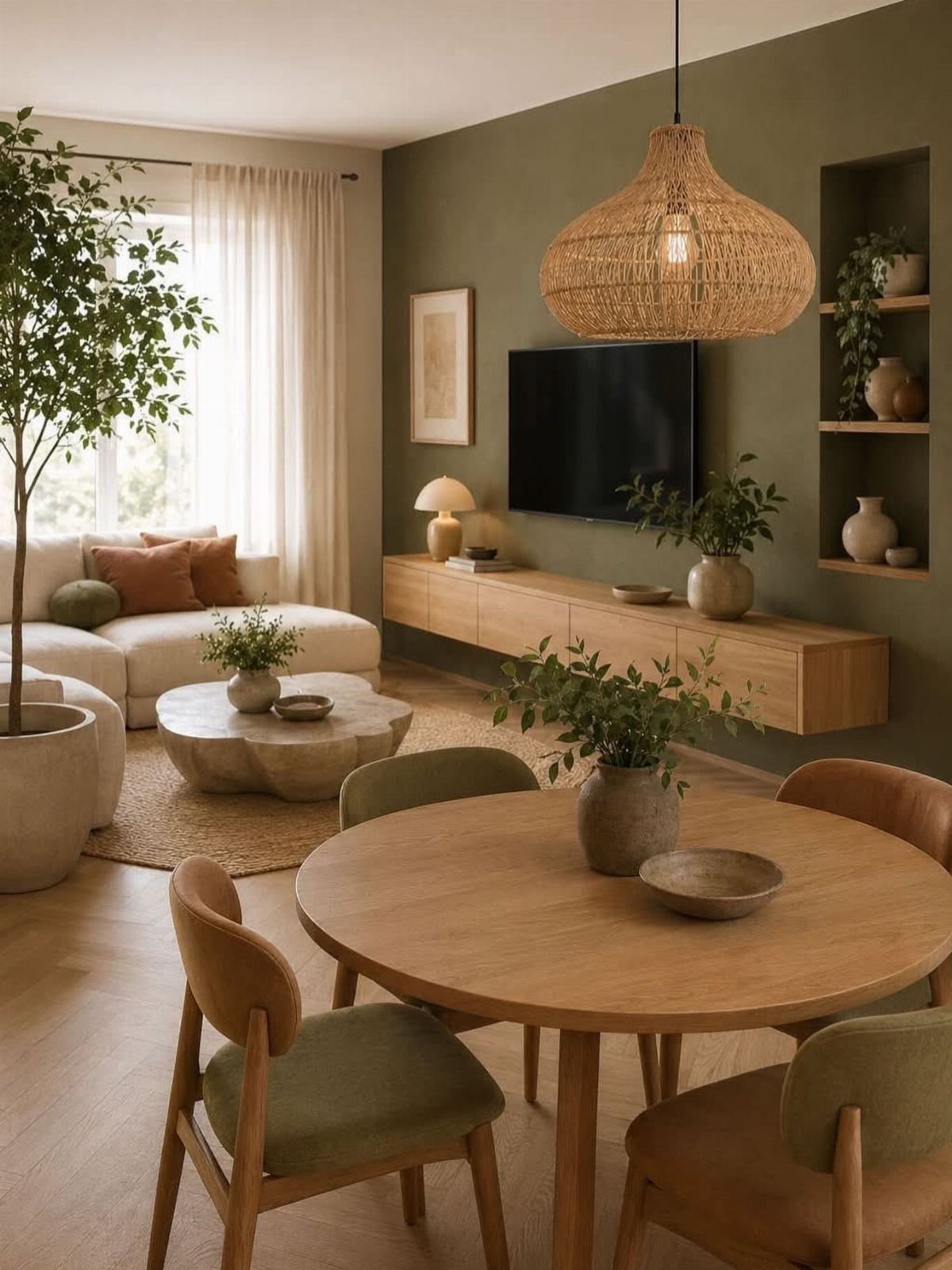 9 Green Walls for Dining Room Ideas with Photos 5 Dining room with olive green walls, wooden furniture, and various potted indoor plants.