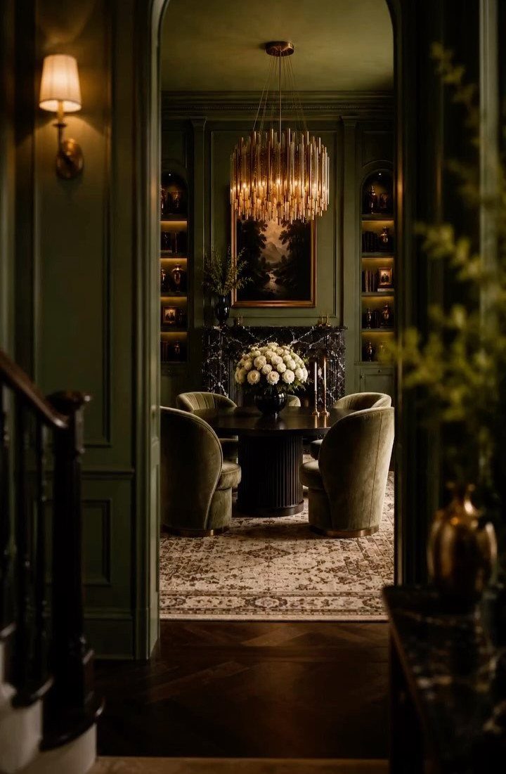 9 Green Walls for Dining Room Ideas with Photos 2 Olive green paneled dining room with velvet chairs and a gold chandelier