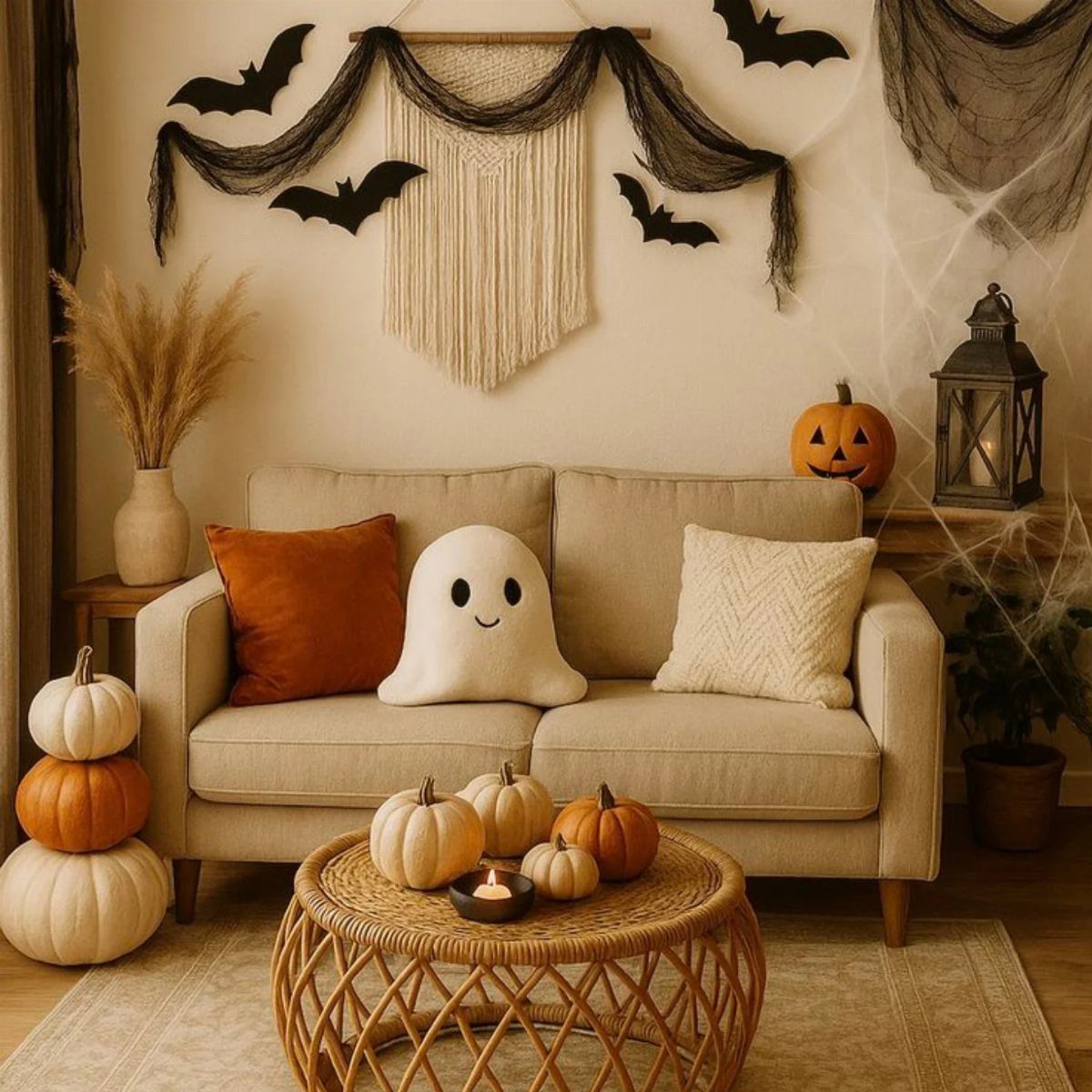 16 Halloween Room Decor Ideas to Set the Scene 13 Beige sofa with ghost pillow and pumpkins in a Halloween decorated living room.