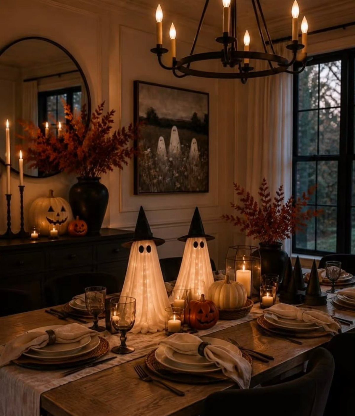 16 Halloween Room Decor Ideas to Set the Scene 7 Halloween dining table setting with ghost figures, pumpkins, and orange autumn foliage.