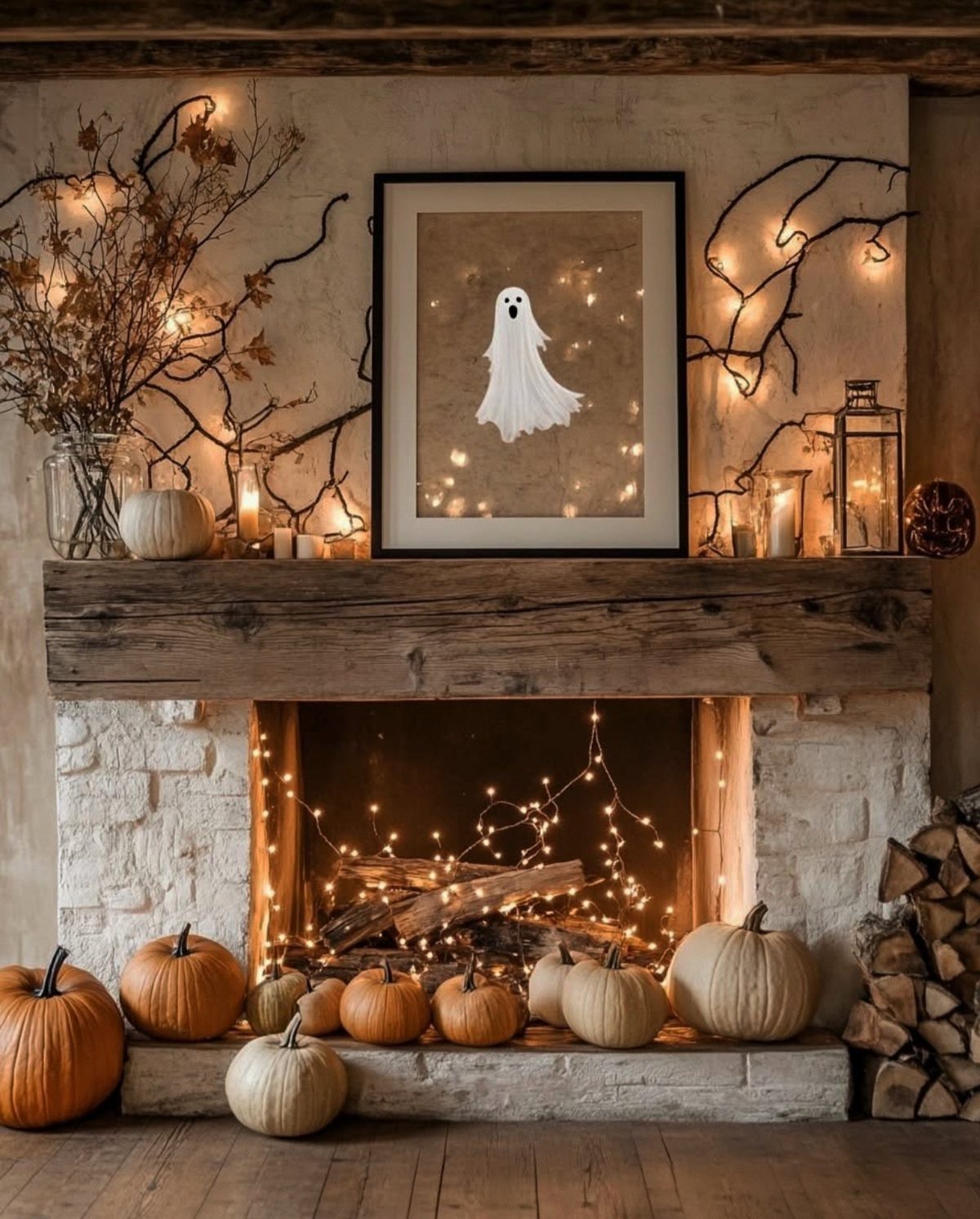 16 Halloween Room Decor Ideas to Set the Scene 14 Rustic fireplace mantel decorated with pumpkins, fairy lights, and a ghost painting.