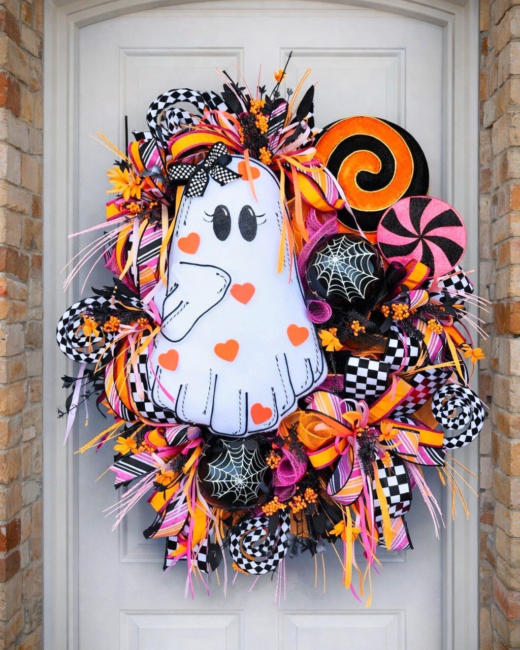 16 Halloween Room Decor Ideas to Set the Scene 1 Halloween wreath with a large ghost and colorful ribbons on a white door