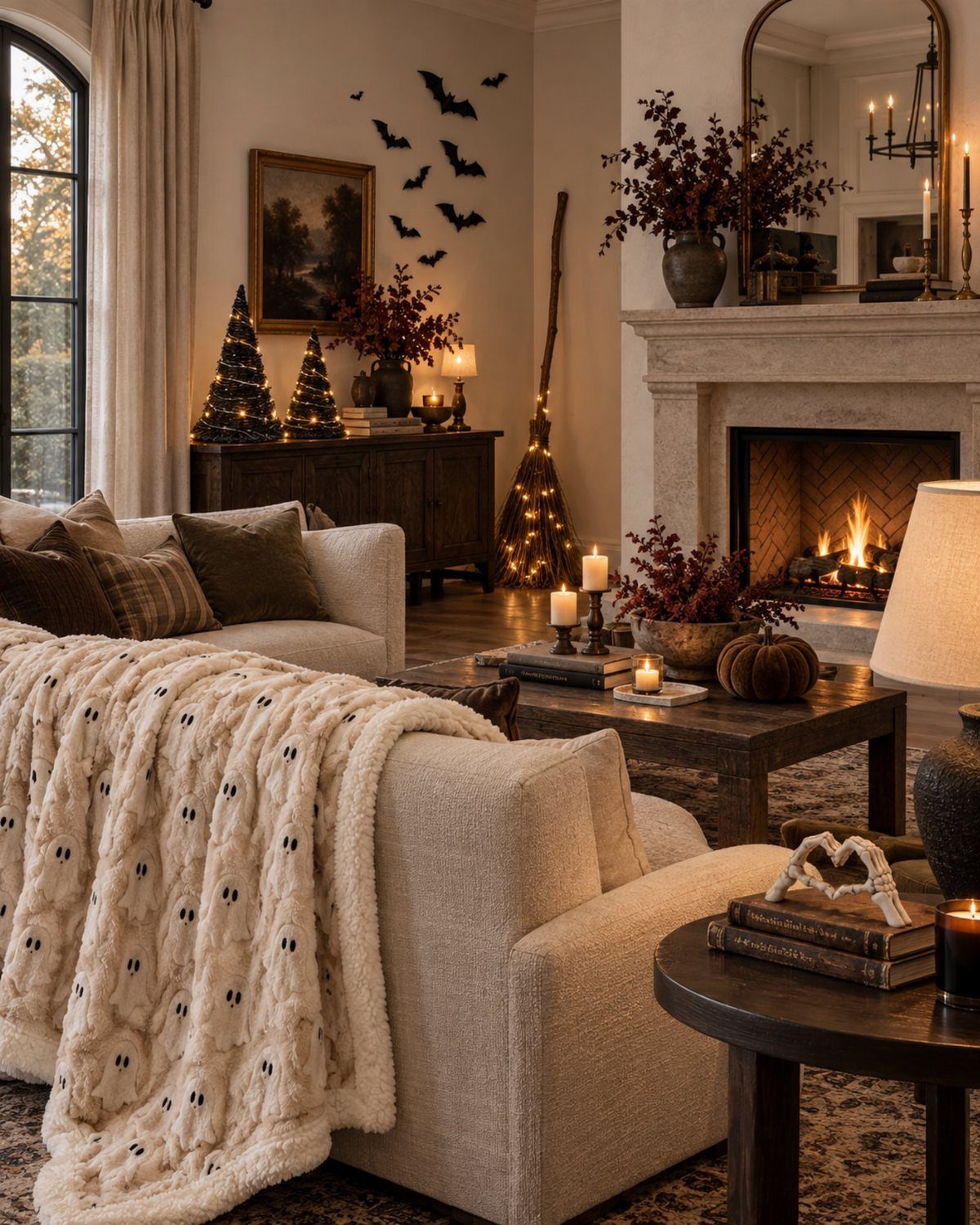 16 Halloween Room Decor Ideas to Set the Scene 6 Cozy living room with a fireplace, black bats, and elegant Halloween decorations.