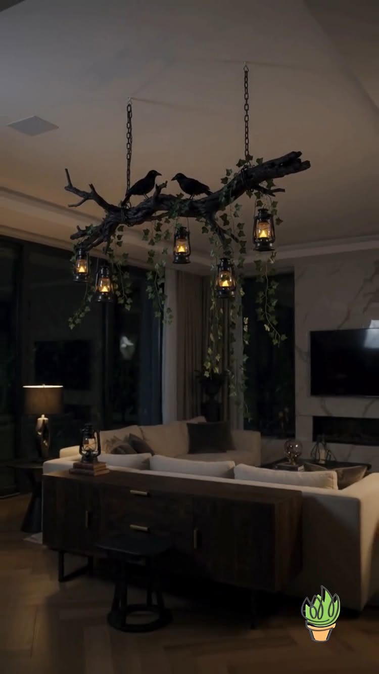16 Halloween Room Decor Ideas to Set the Scene 15 Rustic branch chandelier with black birds and glowing lanterns in a moody living room.
