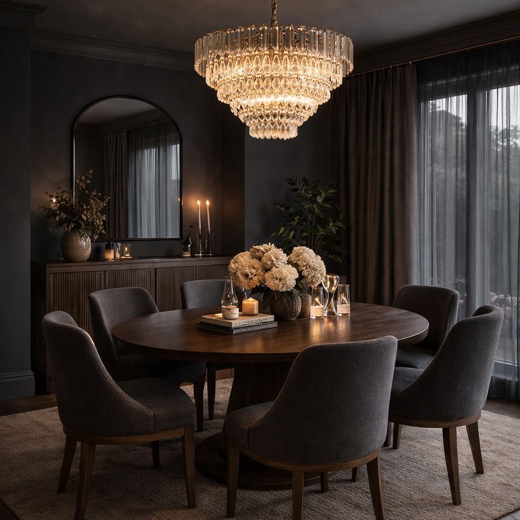 Dark charcoal dining room with a round wooden table and crystal chandelier.