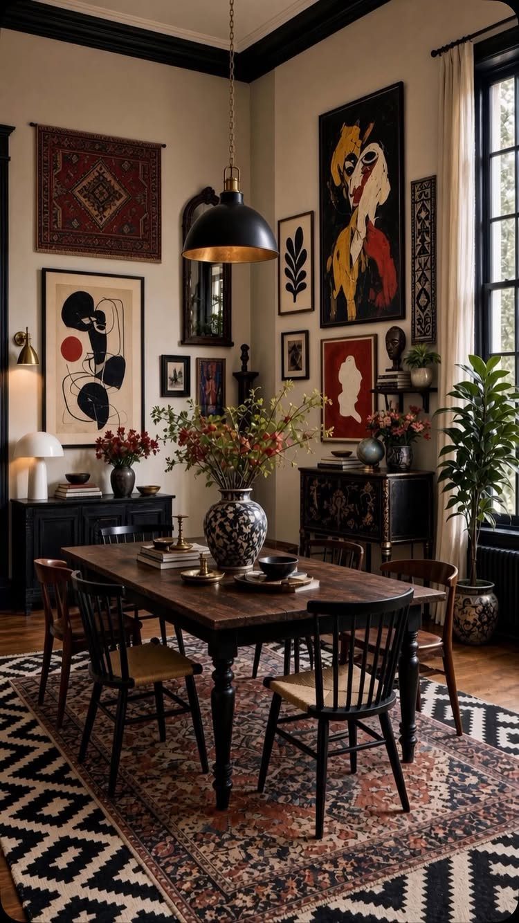 Dining room with dark wood furniture, eclectic wall art, and a patterned area rug.