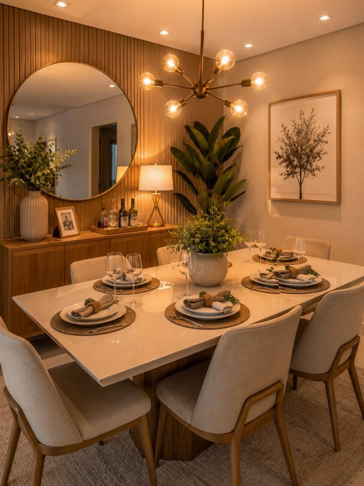 Modern dining room with a white table, beige chairs, and layered warm lighting.