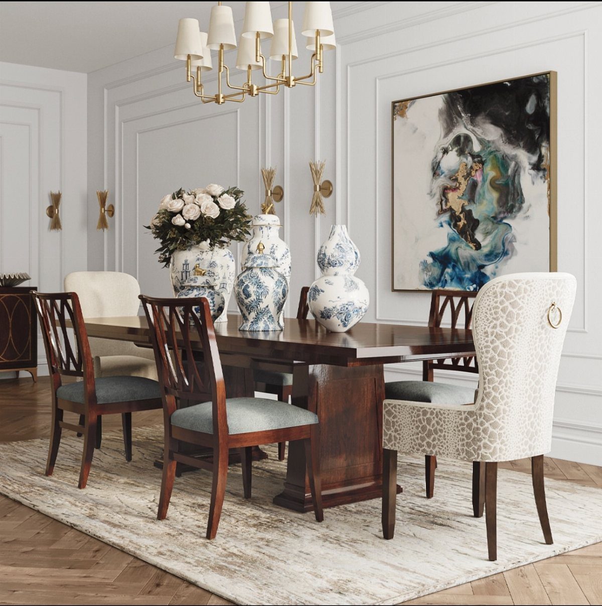 Dining room with a dark wood table and mismatched upholstered and wooden chairs.