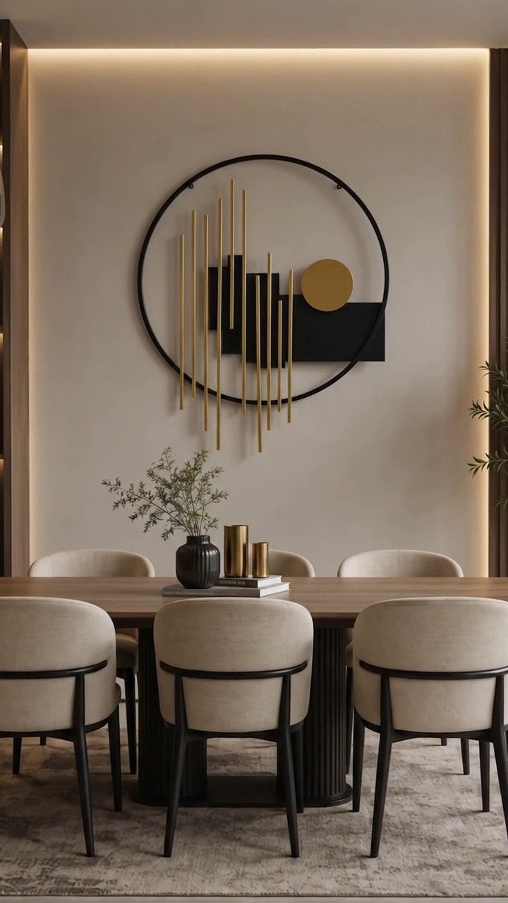 Modern dining room with cream chairs, wooden table, and abstract circular wall art.