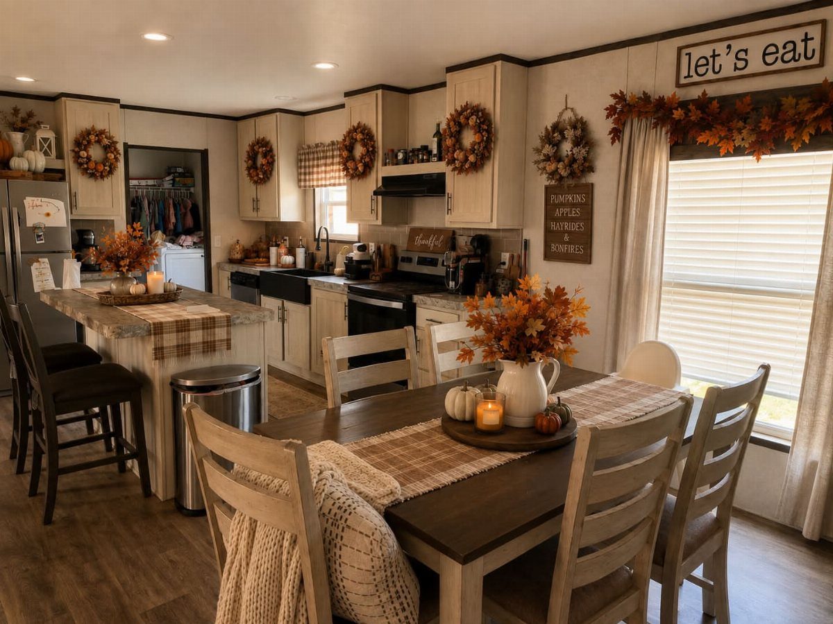 Dining table with a checkered runner, autumn flowers, and pumpkins in a rustic kitchen.