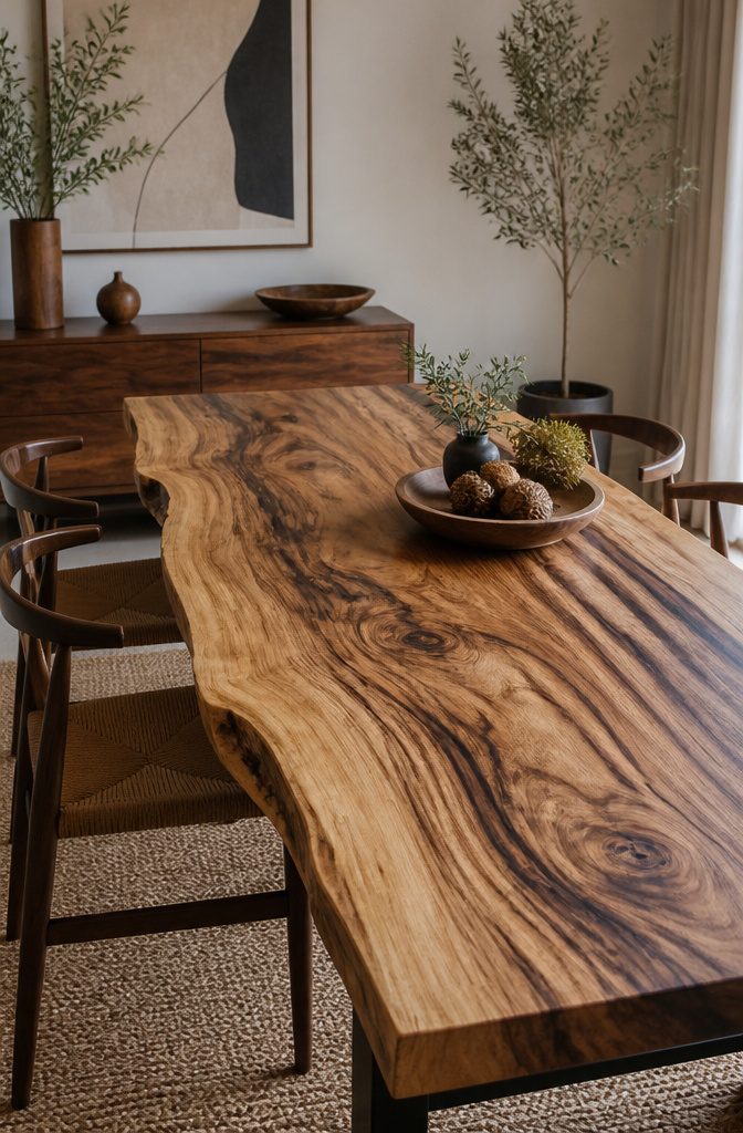 Live Edge Dining Table and Chairs: 10 Wood Types and Styles 5 Acacia live edge dining table highlighting warm colors and natural edge.