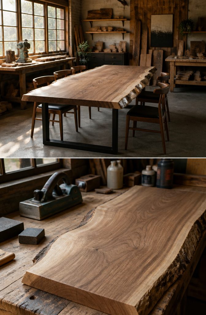 Live Edge Dining Table and Chairs: 10 Wood Types and Styles 13 Process of making live edge dining tables from hardwood slabs.