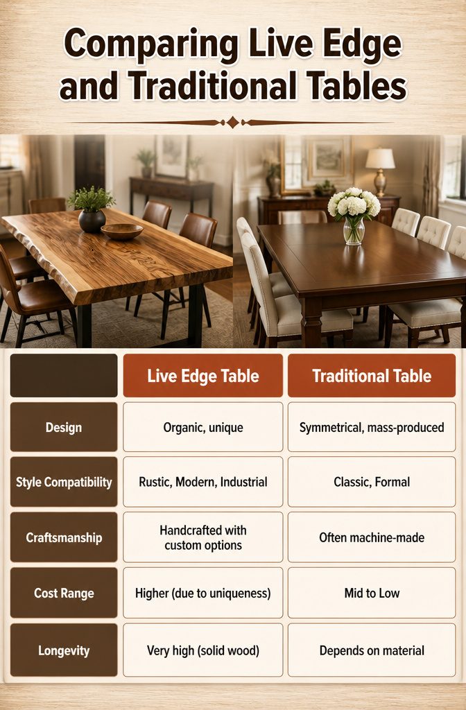 Live Edge Dining Table and Chairs: 10 Wood Types and Styles 12 Comparison of live edge and traditional dining tables.