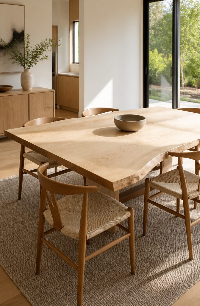 Live Edge Dining Table and Chairs: 10 Wood Types and Styles 4 Maple live edge dining table featuring a pale surface and organic edge.