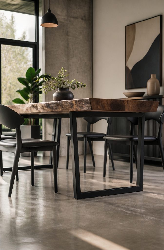Live Edge Dining Table and Chairs: 10 Wood Types and Styles 10 Live edge dining table supported by sleek metal legs.