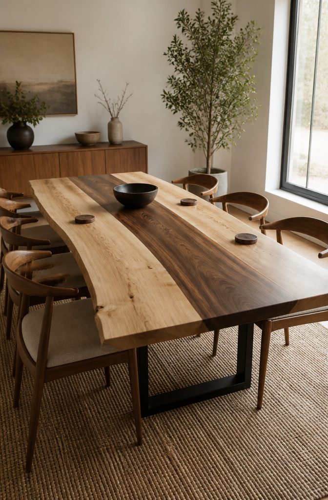 Live Edge Dining Table and Chairs: 10 Wood Types and Styles 8 Natural oil finished live edge dining table showcasing wood grain.