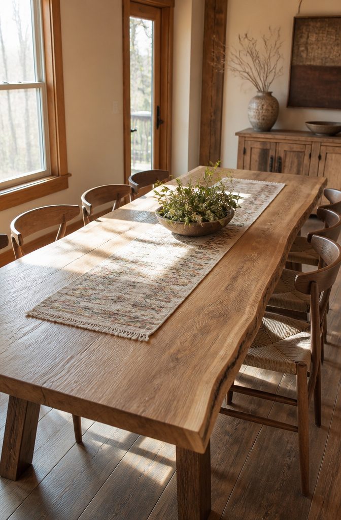 Live Edge Dining Table and Chairs: 10 Wood Types and Styles 3 Oak live edge dining table with bold grain and unbroken bark line.
