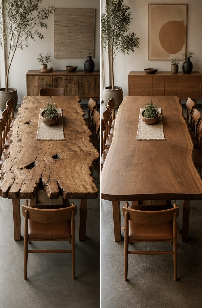 Live Edge Dining Table and Chairs: 10 Wood Types and Styles 7 Comparison of raw edge and smoothed edge styles of live edge tables.