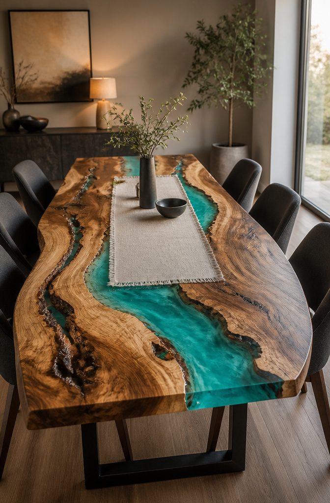 Live Edge Dining Table and Chairs: 10 Wood Types and Styles 9 Live edge table featuring epoxy resin fills in natural wood cracks.