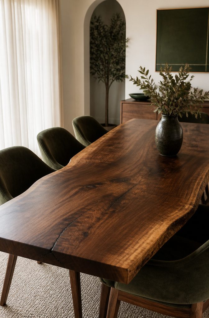 Live Edge Dining Table and Chairs: 10 Wood Types and Styles 2 Walnut live edge dining table with deep brown tones and organic edge.