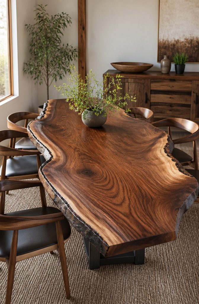 Live Edge Dining Table and Chairs: 10 Wood Types and Styles 1 Live edge dining table displaying natural bark and uncut edges.