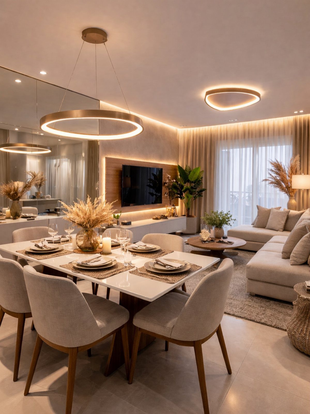11 Living Dining Room Combo Ideas for Small Spaces 3 Dining table and living room area featuring two different circular ceiling light fixtures.