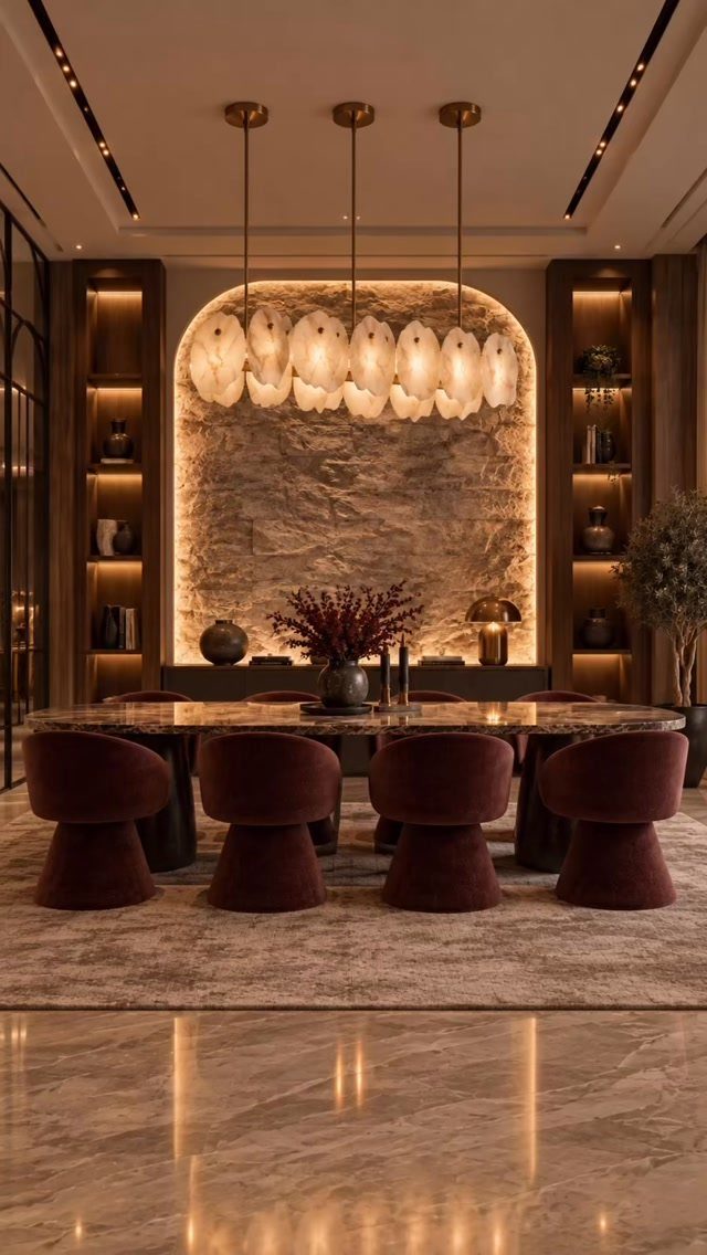 11 Living Dining Room Combo Ideas for Small Spaces 8 Dining room with marble table, burgundy chairs, and layered lighting including pendants and shelving.