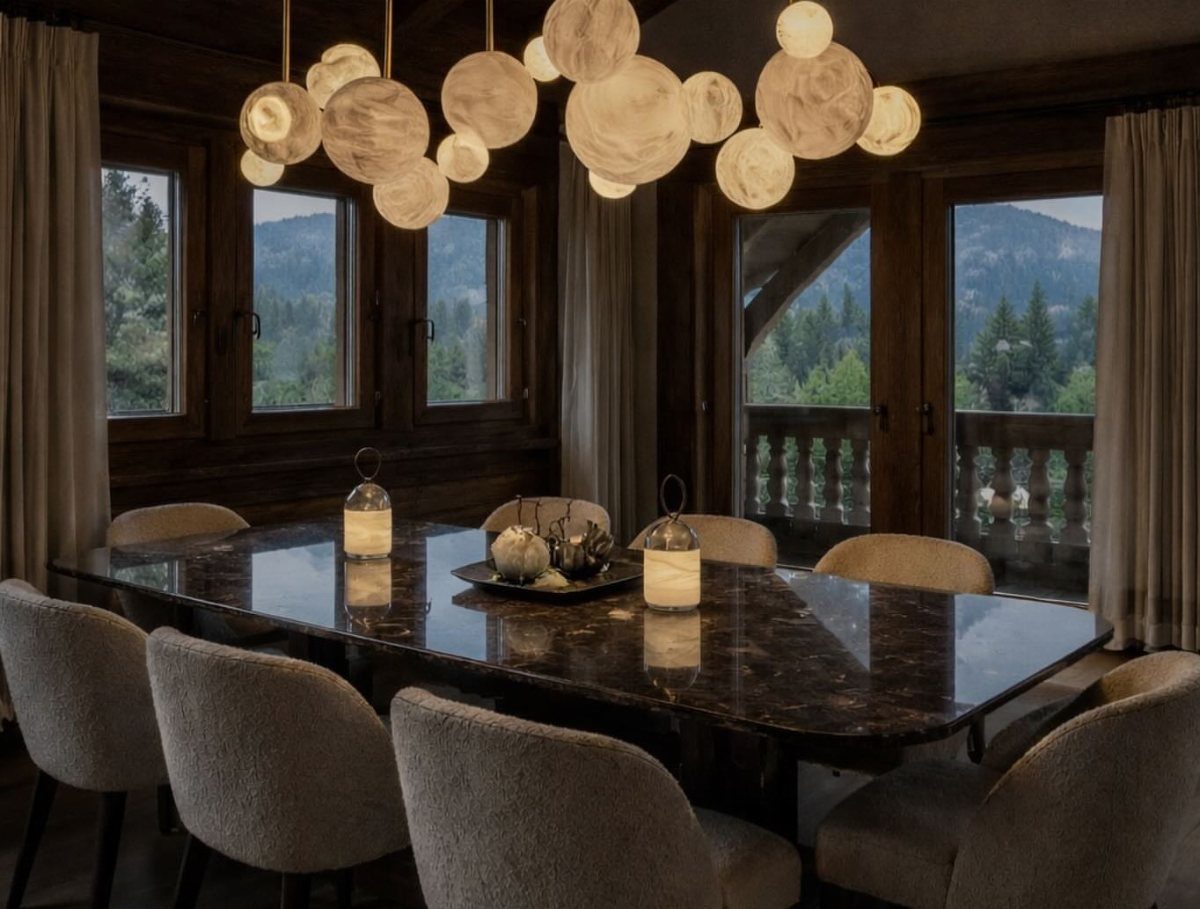 12 Living Dining Room Decor Ideas for Combined Spaces 2 Sculptural sphere light fixture hanging over a dark marble dining table with beige chairs.