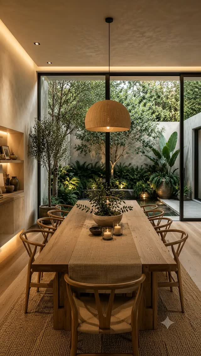 12 Living Dining Room Decor Ideas for Combined Spaces 9 Wooden dining table and chairs positioned next to a large window overlooking a garden.