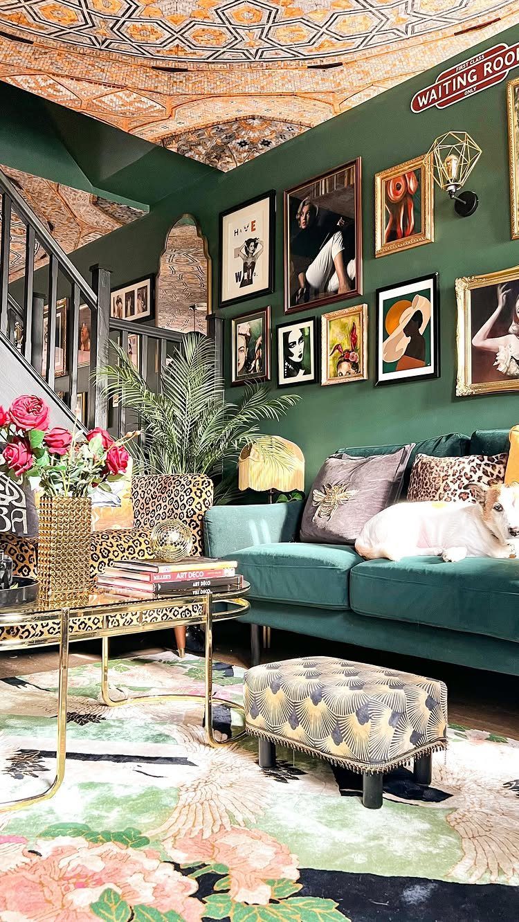 12 Living Dining Room Decor Ideas for Combined Spaces 11 Maximalist living room with a patterned ceiling, green walls, and a teal sofa.