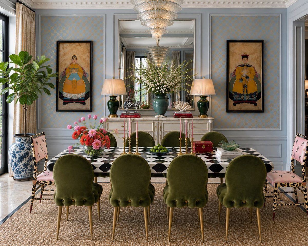 12 Living Dining Room Decor Ideas for Combined Spaces 7 Dining room with blue patterned wallpaper, green velvet chairs, and checkered tablecloth.