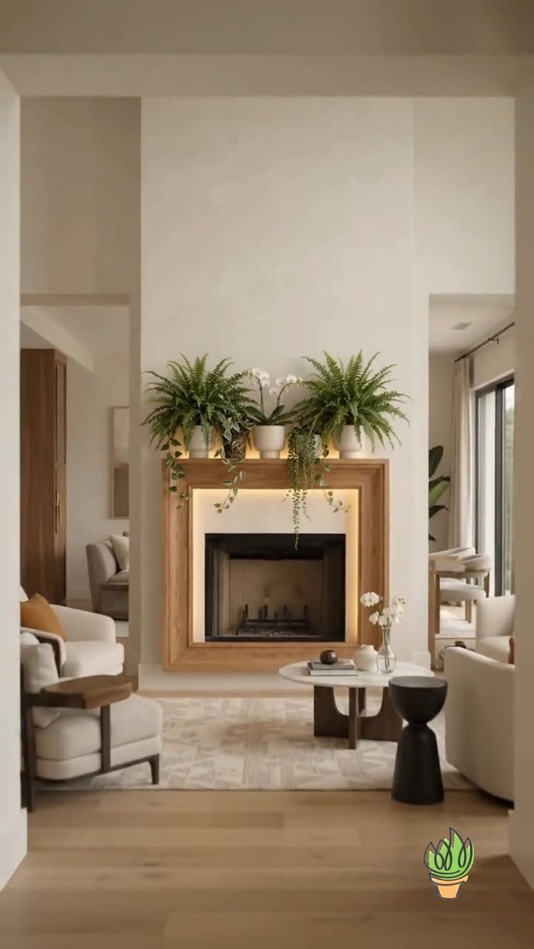 Modern light wood fireplace mantel decorated with three large green potted plants.