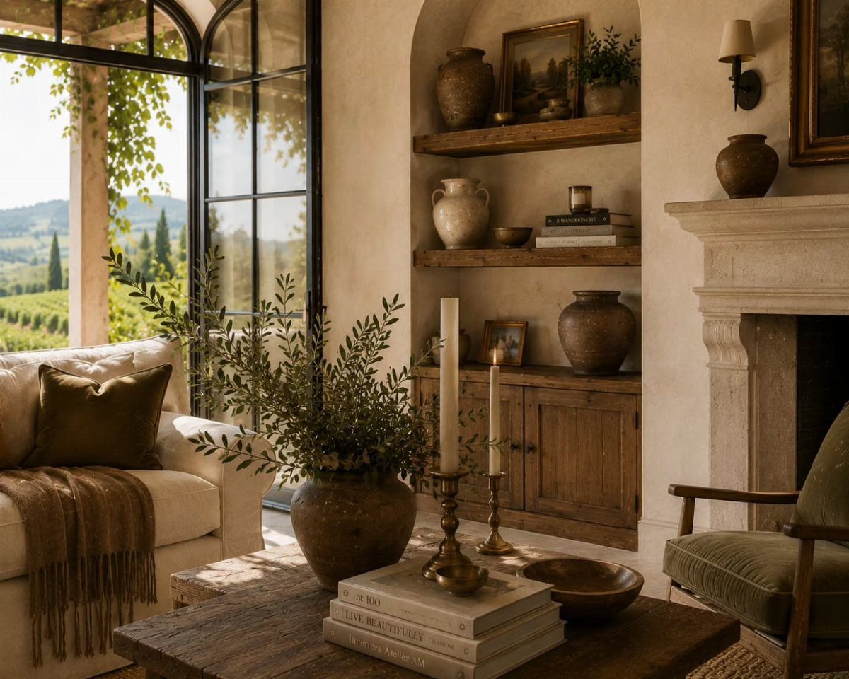 Stone fireplace mantel with a brown vase in a rustic living room setting.