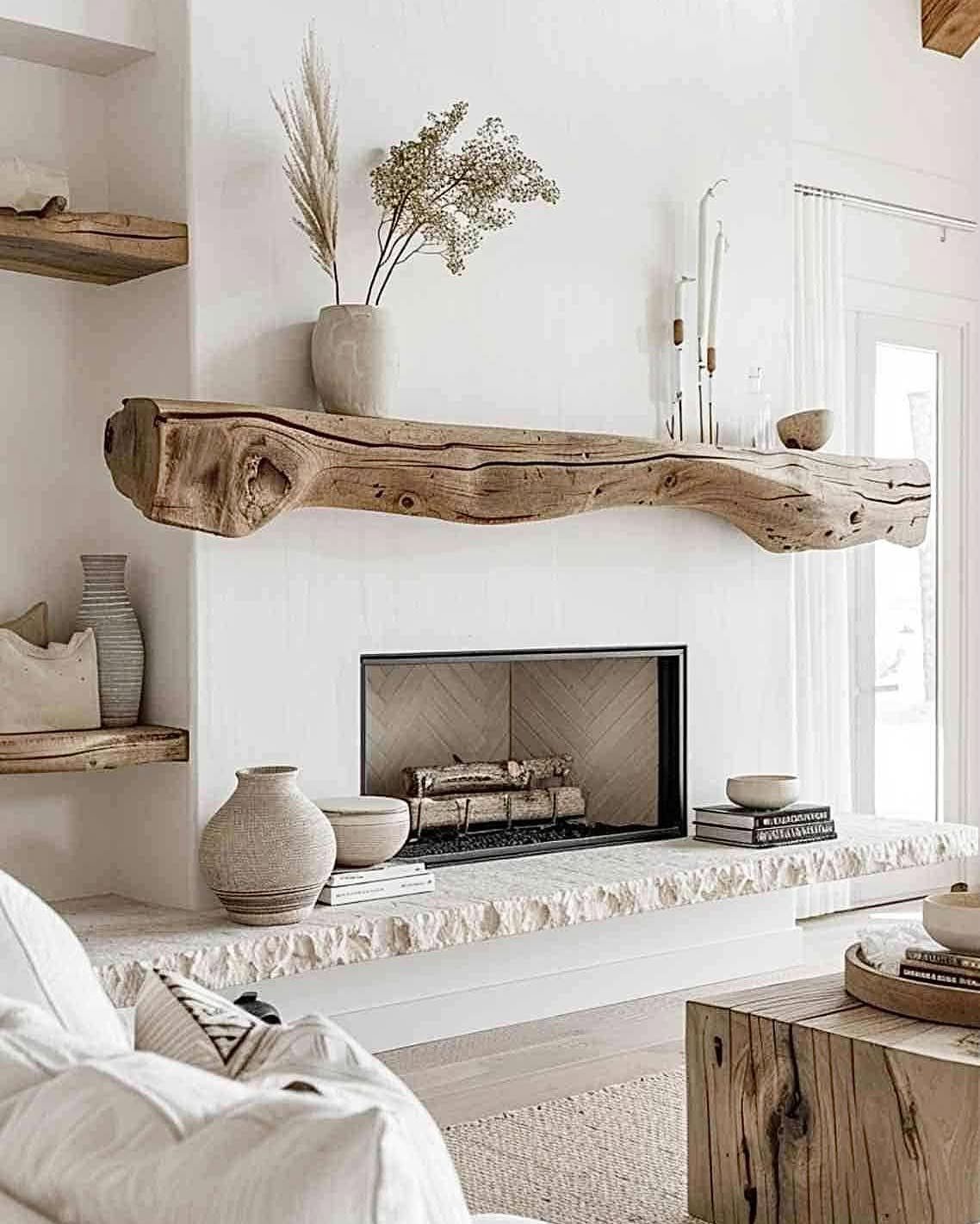 Rustic natural wood log mantel on a white fireplace with dried floral arrangement.