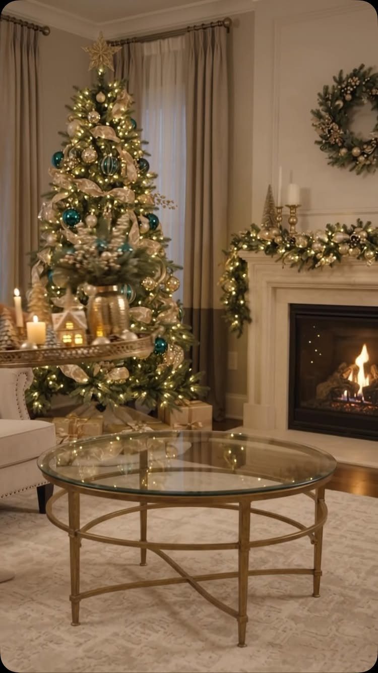14 Modern Christmas Living Room Ideas with Photos 9 Christmas living room with a decorated tree, fireplace garland, and a glass coffee table.
