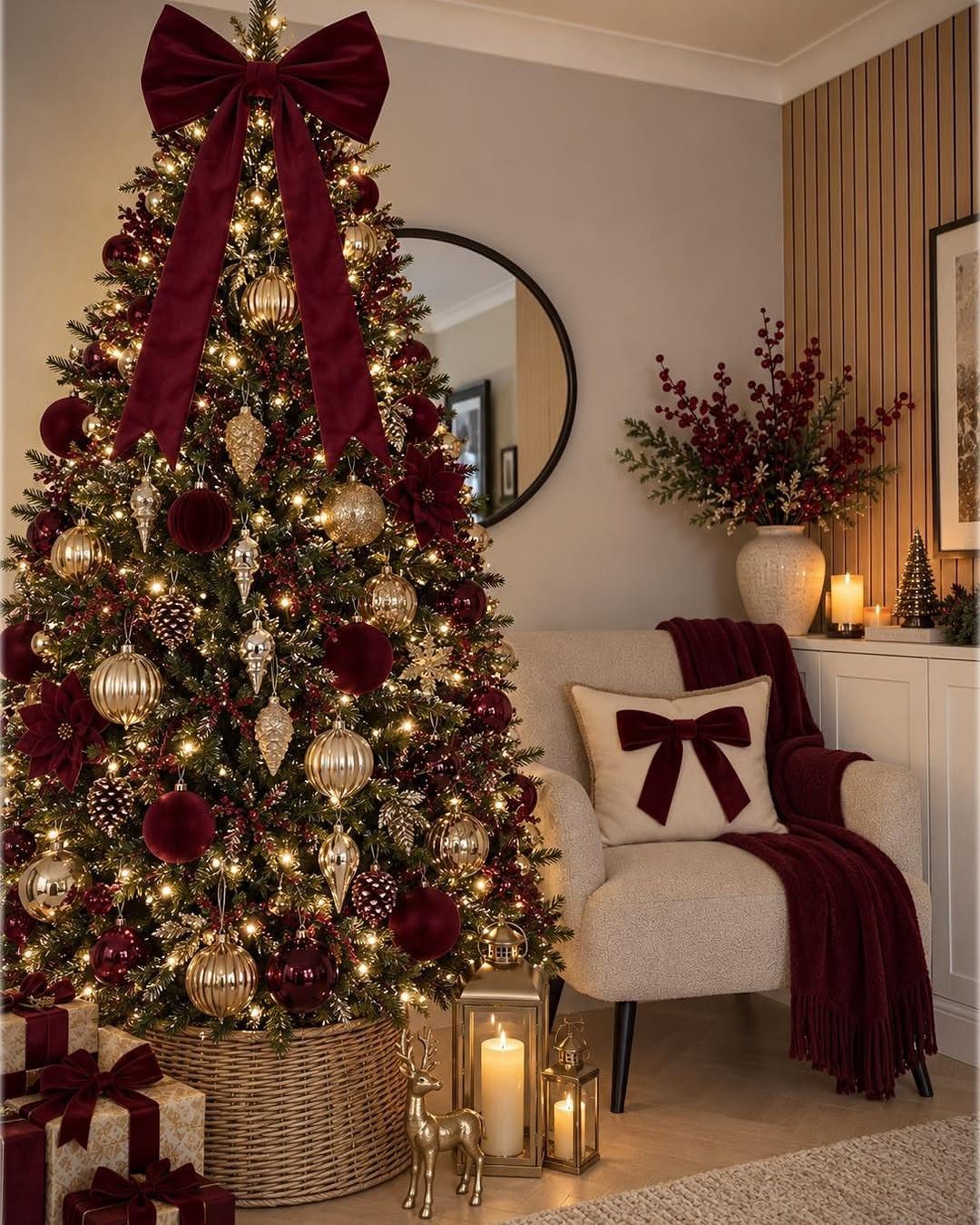 14 Modern Christmas Living Room Ideas with Photos 3 Christmas tree with red and gold ornaments beside a cream armchair with red accents.