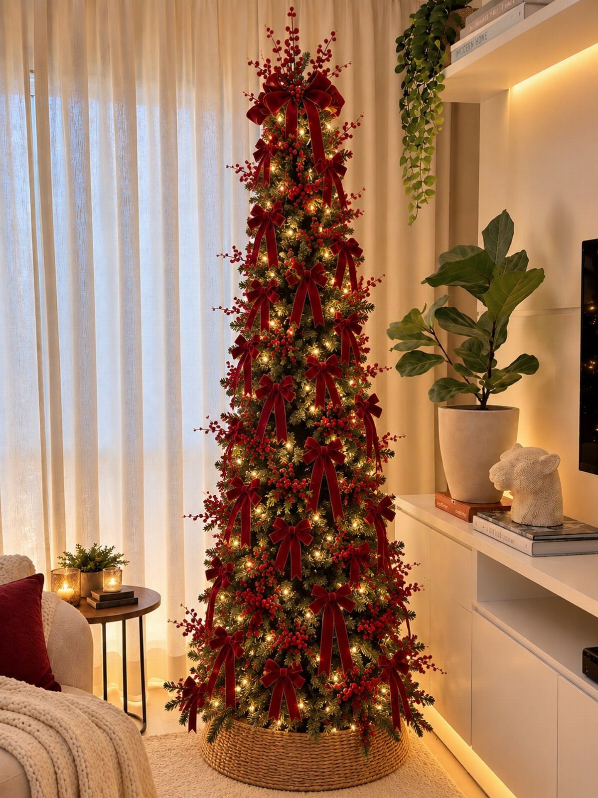 14 Modern Christmas Living Room Ideas with Photos 5 Slim Christmas tree decorated with red ribbons and berries in a modern living room