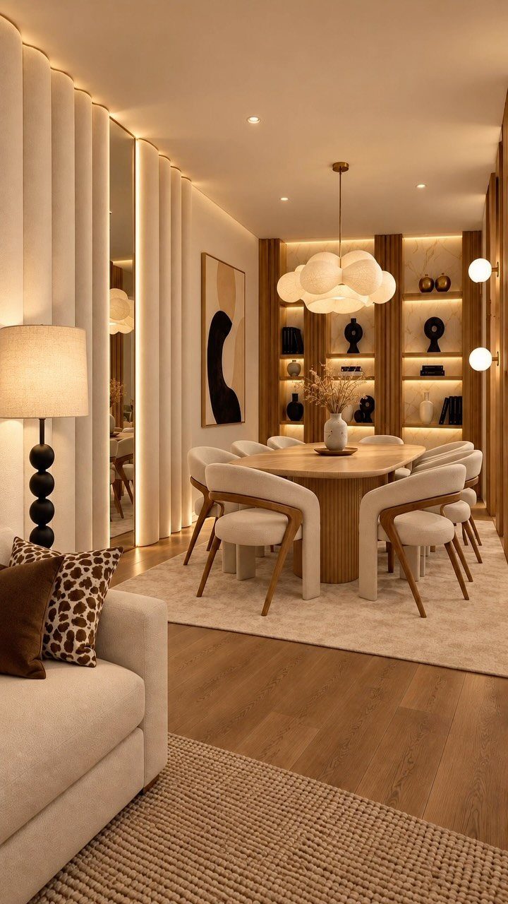 Modern dining room with a cloud-shaped pendant light over a round wooden table.