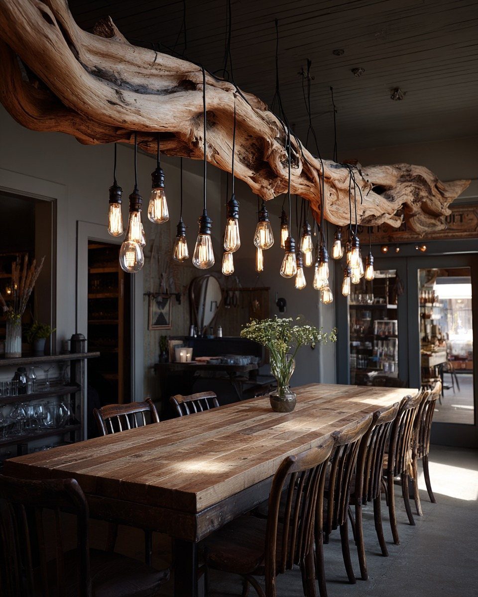 Wooden dining table under a driftwood branch with hanging Edison light bulbs.