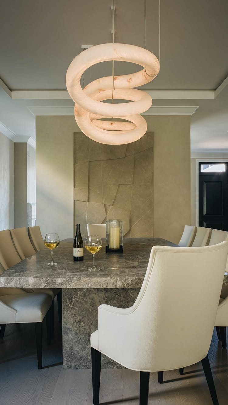Spiral sculptural light fixture hanging over a marble dining table with white chairs.