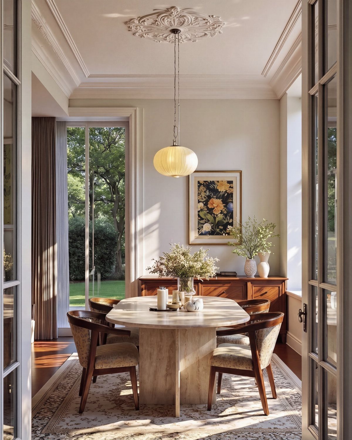 Round marble dining table with a glowing circular pendant light in a bright room.